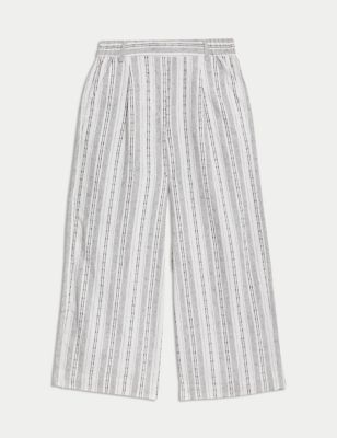 Linen Rich Striped Cropped Wide Leg Trousers Image 2 of 6