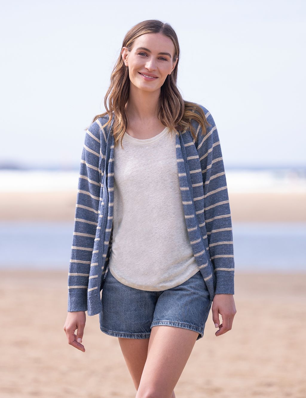 Linen Rich Striped Edge to Edge Cardigan 1 of 6