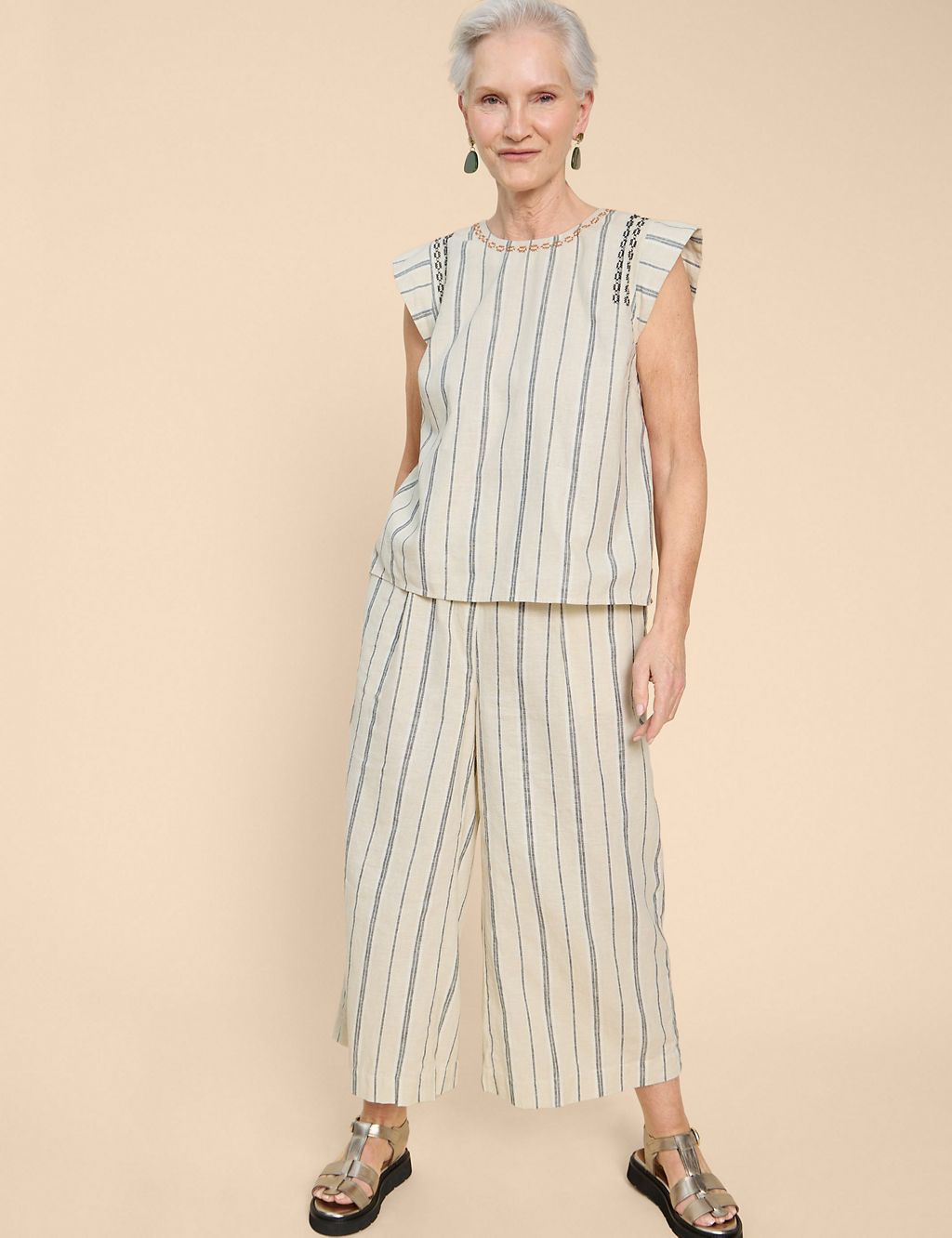 Linen Rich Striped Embroidered Top 2 of 6