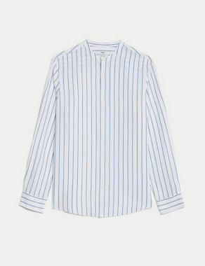 Linen Rich Striped Grandad Collar Shirt Image 2 of 5