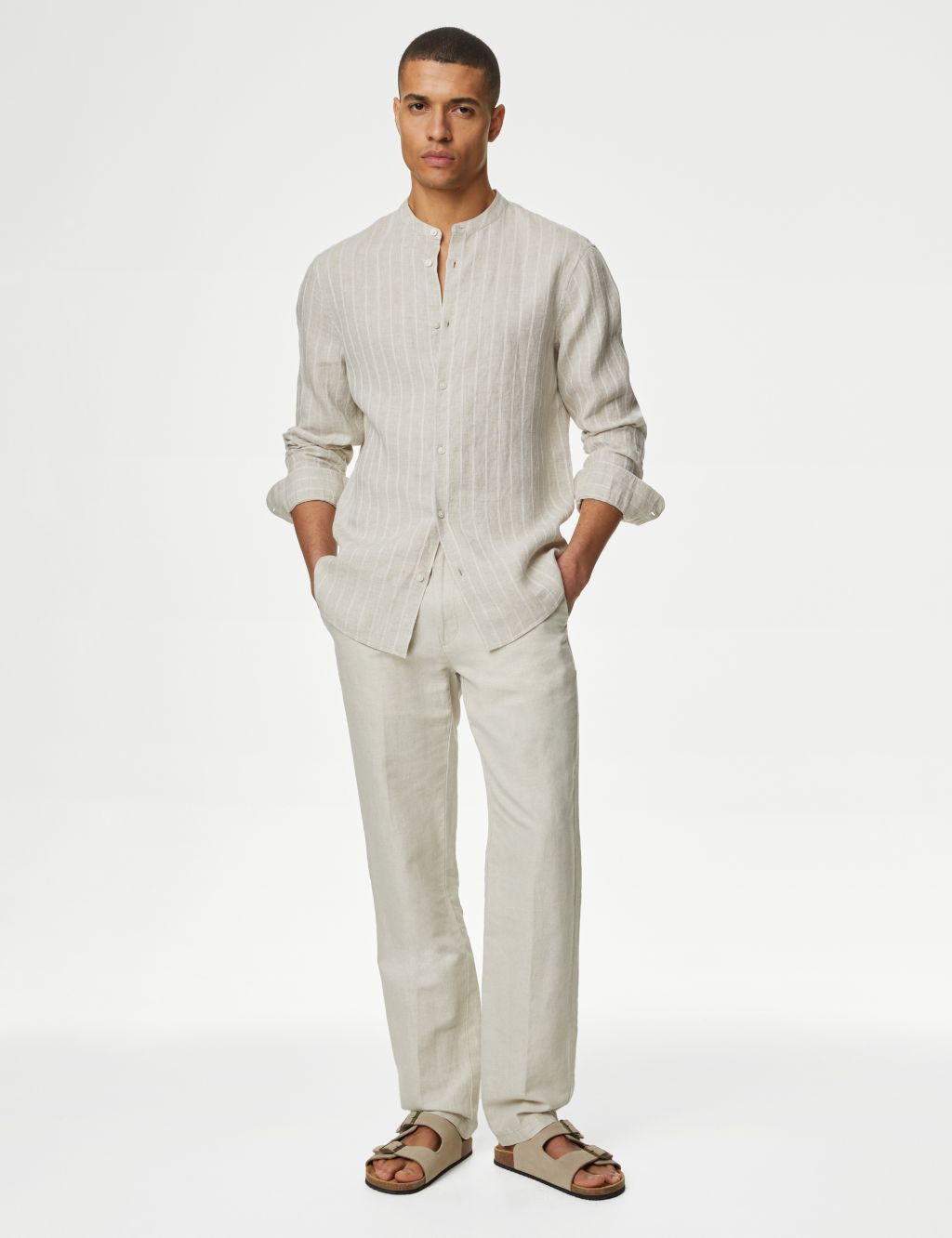 Linen Rich Striped Grandad Collar Shirt 2 of 5