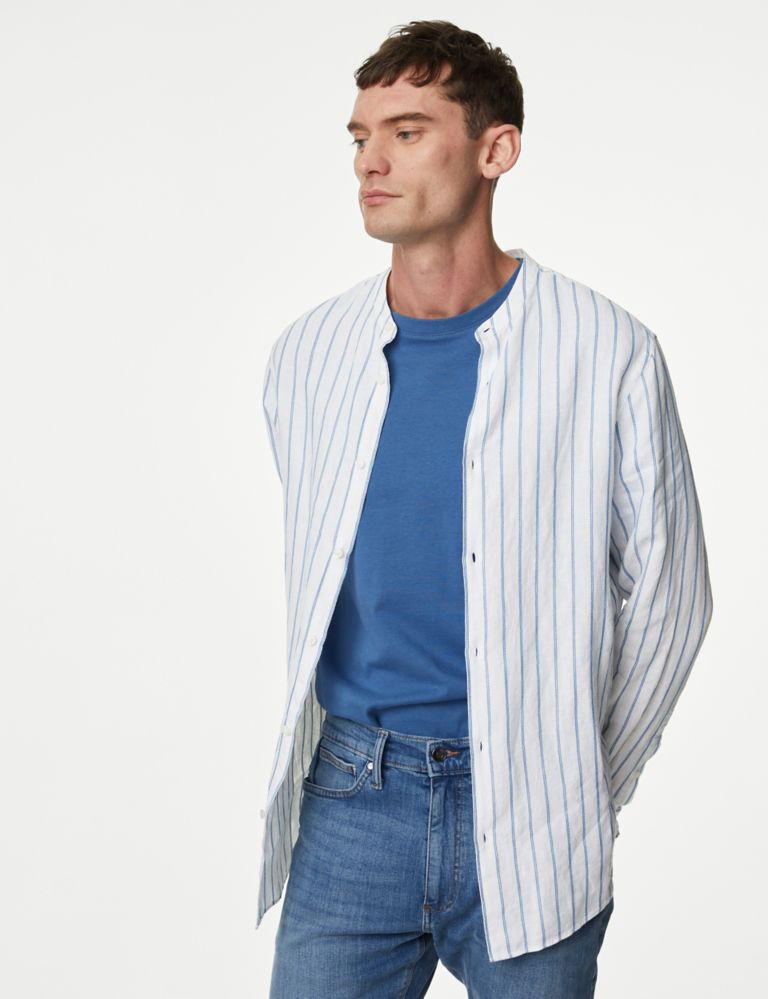 Linen Rich Striped Grandad Collar Shirt 4 of 5