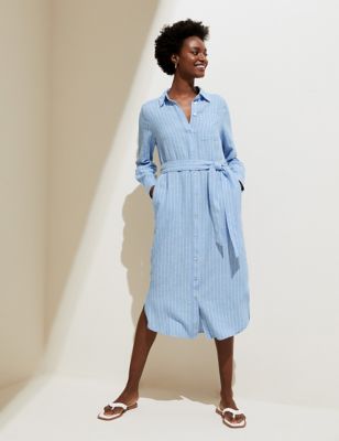 Linen Rich Striped Midi Shirt Dress | M ...