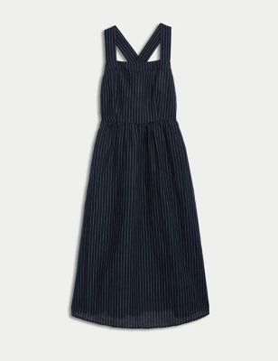Linen Rich Striped Midi Waisted Dress Image 2 of 6