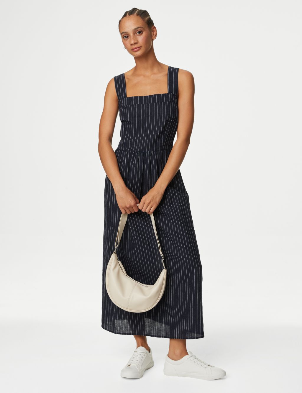 Linen Rich Striped Midi Waisted Dress 4 of 6