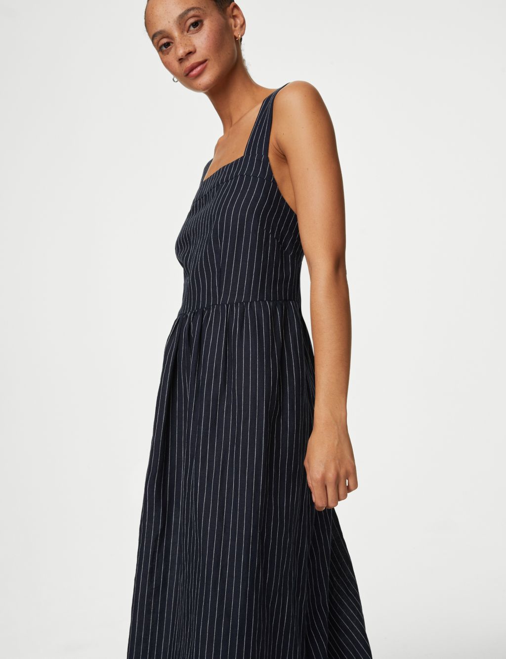 Linen Rich Striped Midi Waisted Dress 4 of 5