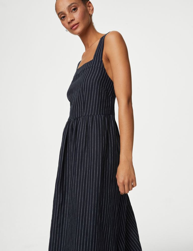 Linen Rich Striped Midi Waisted Dress 5 of 6