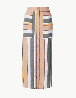 Linen Rich Striped Pencil Midi Skirt Image 2 of 4