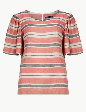 Linen Rich Striped Short Sleeve Blouse Image 2 of 4