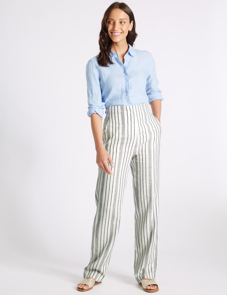 Linen Rich Striped Straight Leg Trousers 1 of 6