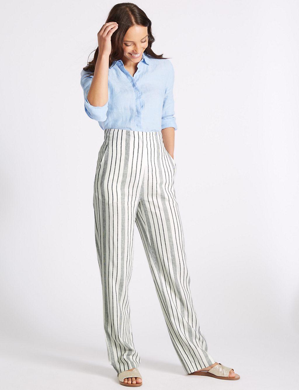 Linen Rich Striped Straight Leg Trousers 2 of 6
