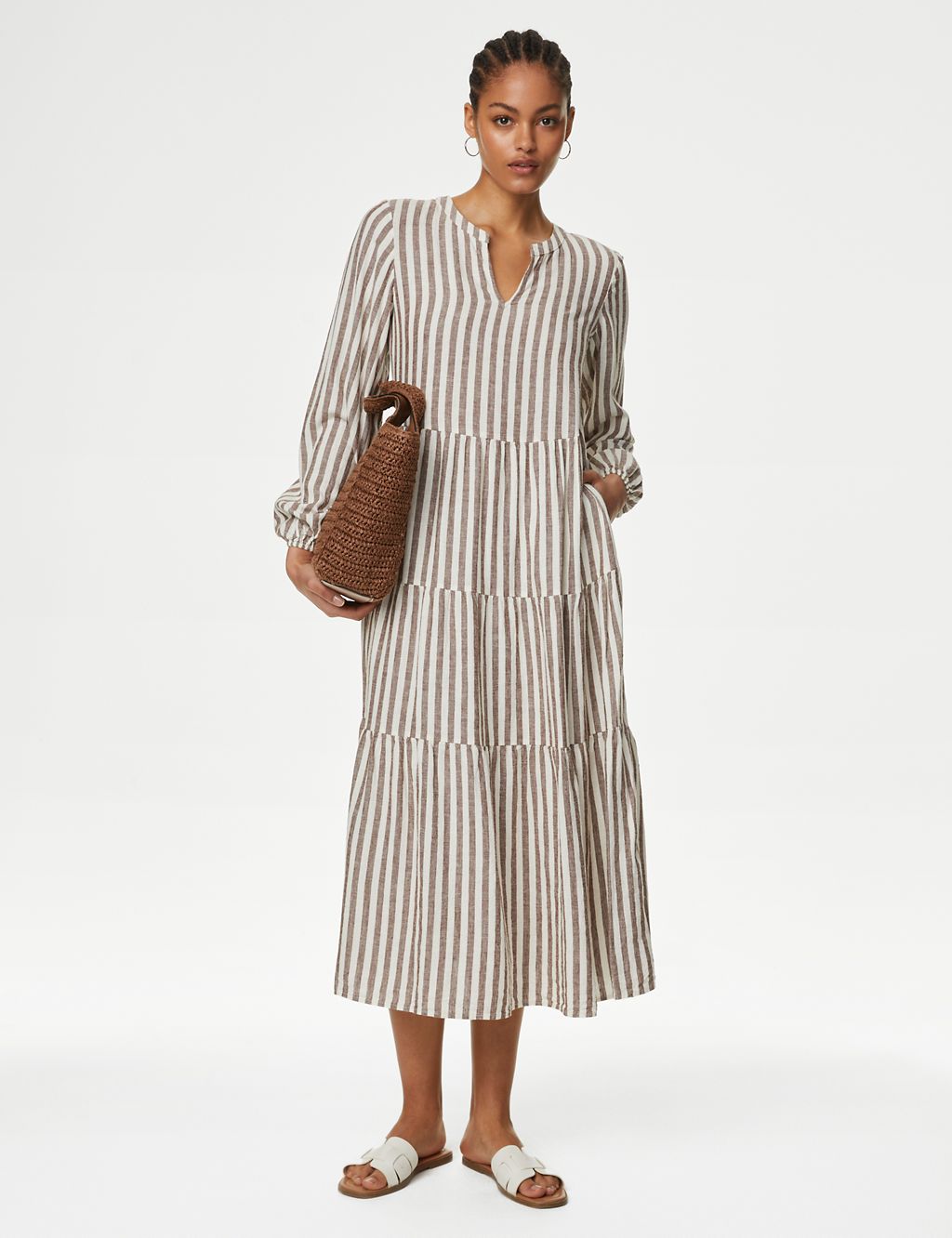 Linen Rich Striped V-Neck Midaxi Tiered Dress 1 of 3