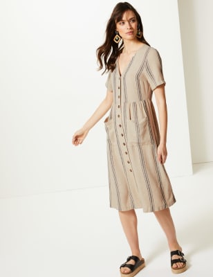 Linen Rich Striped Waisted Midi Dress M S Collection M S