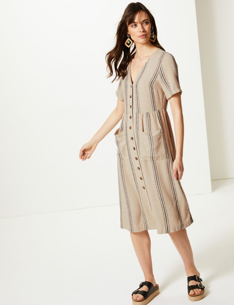 Linen Rich Striped Waisted Midi Dress 1 of 4