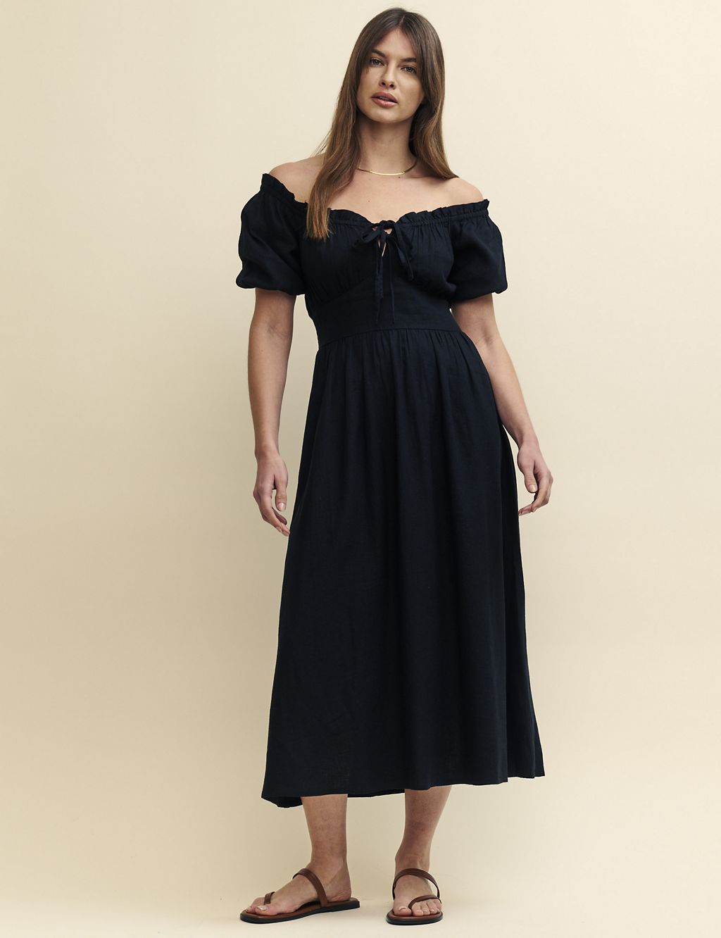Linen Rich Tie Detail Midi Waisted Dress 3 of 4
