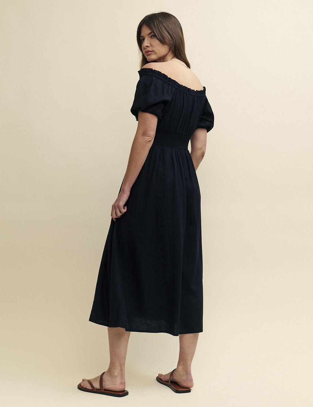Linen Rich Tie Detail Midi Waisted Dress 1 of 4