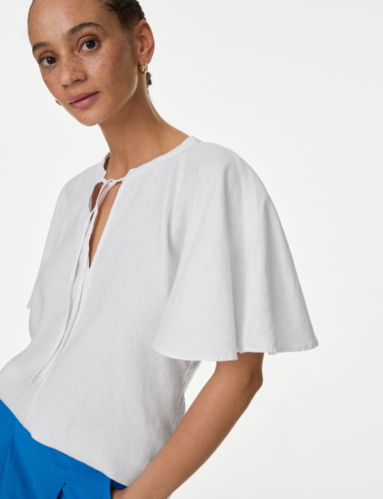 Linen Rich Tie Neck Angel Sleeve Blouse, M&S Collection