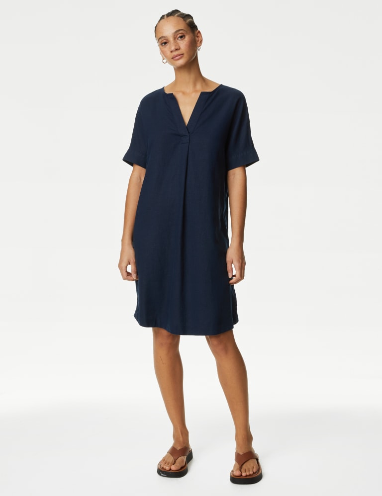 Linen Rich V Neck Knee Length Shift Dress