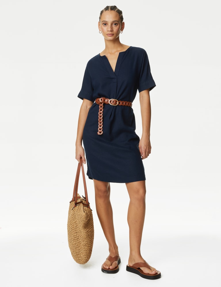Linen Rich V Neck Knee Length Shift Dress