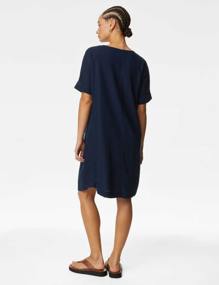 Linen Rich V Neck Knee Length Shift Dress