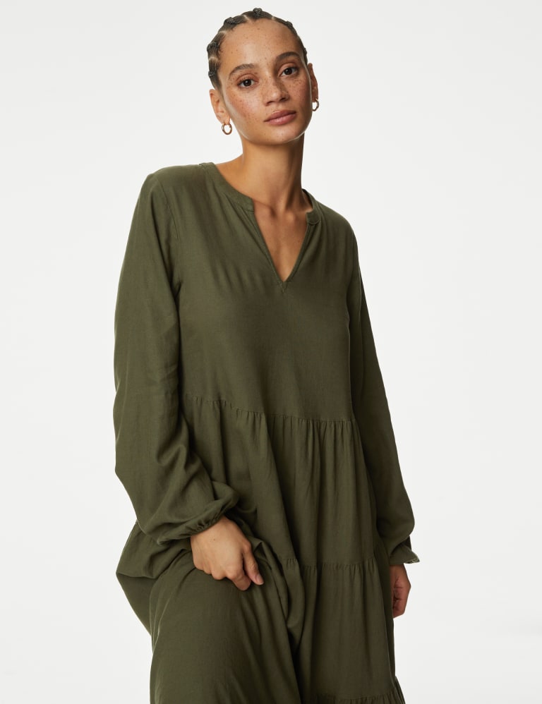 Linen Rich V Neck Midaxi Tiered Dress M S Collection M S
