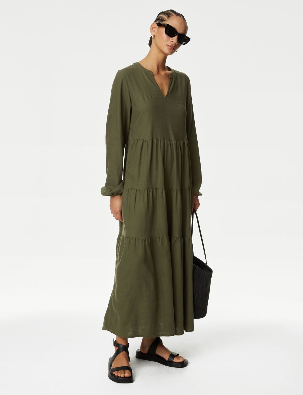 Linen Rich V-Neck Midaxi Tiered Dress | M&S Collection | M&S