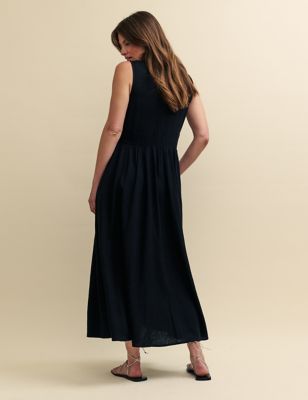 Linen Rich V-Neck Midaxi Waisted Dress Image 2 of 5