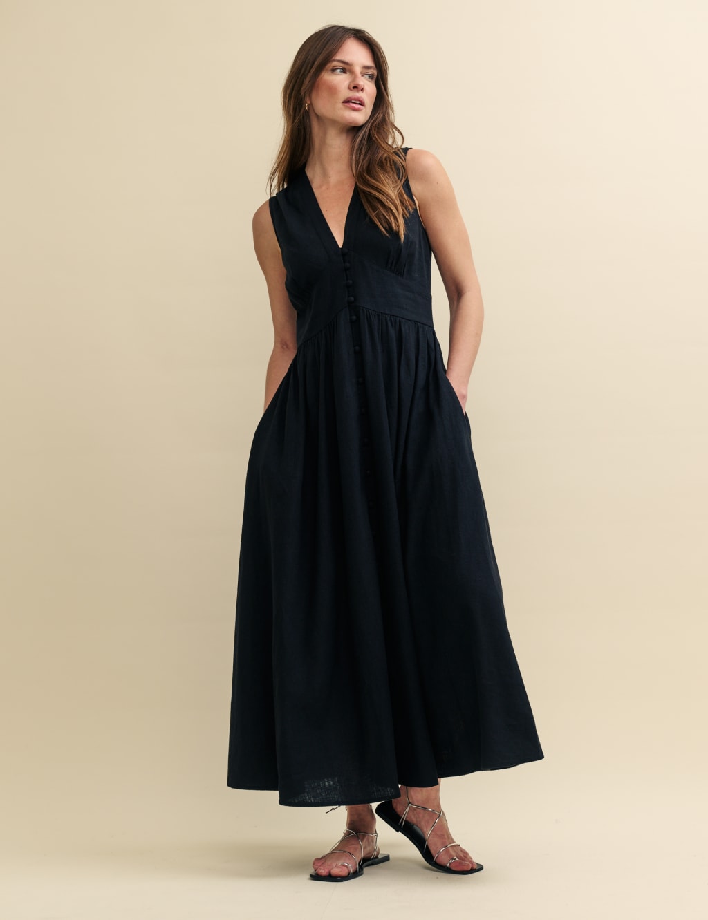 Linen Rich V-Neck Midaxi Waisted Dress 3 of 5