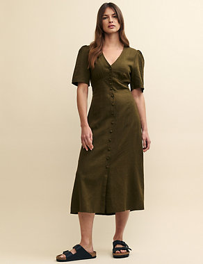 Linen Rich V-Neck Midi Tea Dress Image 2 of 6