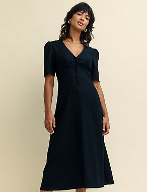 Linen Rich V-Neck Midi Tea Dress Image 2 of 5