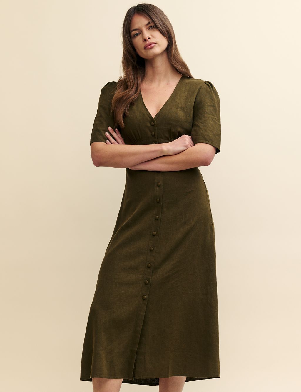 Linen Rich V-Neck Midi Tea Dress 2 of 6