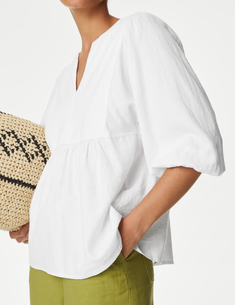 Linen Rich V-Neck Puff Sleeve Blouse | M&S Collection | M&S