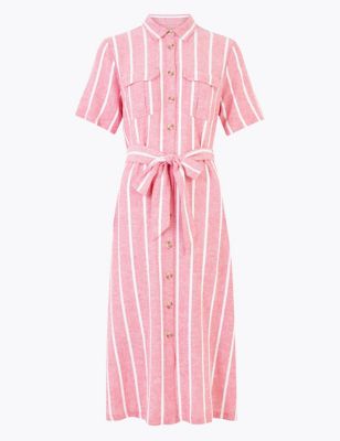 Linen Striped Belted Midi Shirt Dress Image 2 of 5