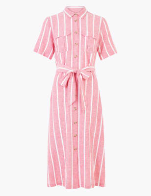 Linen Striped Belted Midi Shirt Dress Image 2 of 5