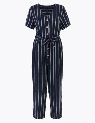 Linen Striped Belted Short Sleeve Jumpsuit M S Collection M S