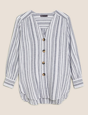 Linen Striped V-Neck Button Detail Tunic Image 2 of 5