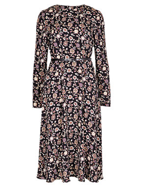 Long Sleeve Boho Floral Fit & Flare Midi Dress Image 2 of 4