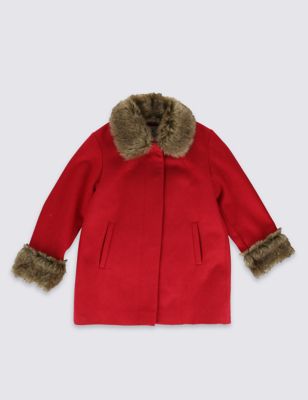 Long Sleeve Faux Fur Trim Coat (1-7 Years) Image 2 of 5