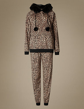 Long Sleeve Leopard Print Hooded Pyjamas with Eye Mask Image 2 of 5