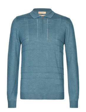 Long Sleeve Textured Knitted Polo Shirt with Merino Wool Image 2 of 3