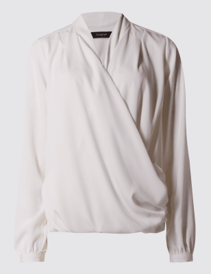 White wrap cheap blouse long sleeve