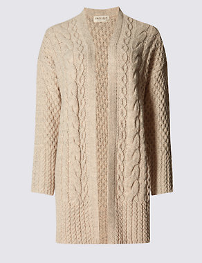 Longline Open Front Cable Knit Cardigan with Wool Image 2 of 3