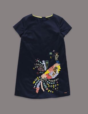 Louise Wilkinson Pure Cotton Peacock Embellished Shift Dress (5-14 Years) Image 2 of 3