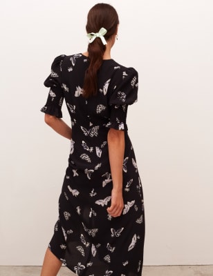 black butterfly printed wrap midi dress