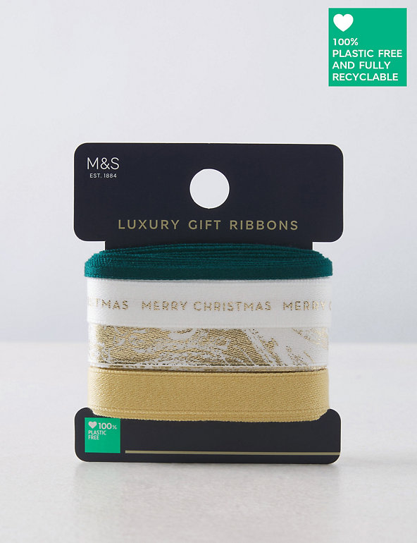 Luxury Christmas Ribbon Set - Pack of 4 in Green, White & Gold Image 1 of 2