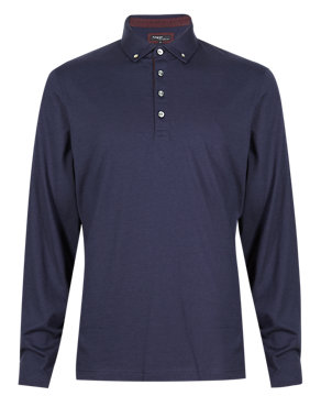 Luxury Cotton Rich Long Sleeve Polo Shirt with Silk Image 2 of 3
