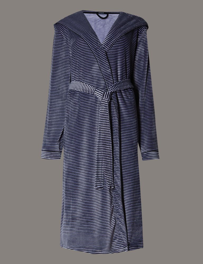 Luxury Hooded Striped Fleece Dressing Gown 2 of 4