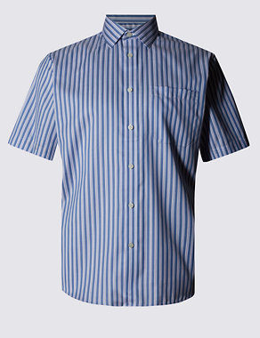 Luxury Pure Cotton Short Sleeve Narrow Striped Shirt Image 2 of 3
