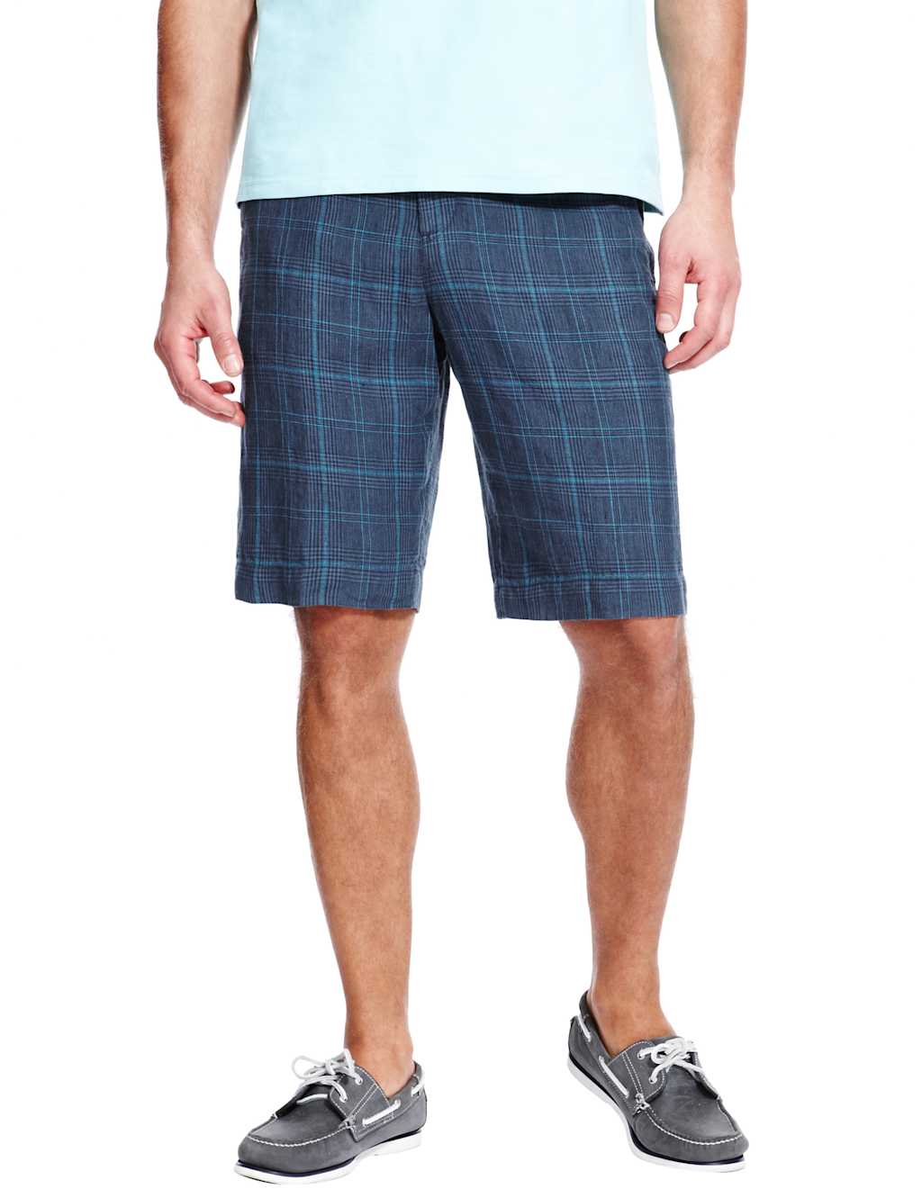Luxury Pure Linen Checked Chino Shorts Blue Harbour M&S