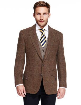 Buy FLATSEVEN Mens Herringbone Wool Blazer Jacket with Elbow